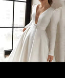 Classic V-Neck Long Sleeves Satin A Line Wedding Dress