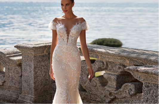 Appliques Lace V-Neck  Mermaid Wedding Dress with Sweep Train