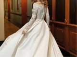 Fashion Long Sleeve Lace Appliques Satin A Line Wedding Dress