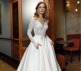 Fashion Long Sleeve Lace Appliques Satin A Line Wedding Dress