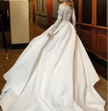 Fashion Long Sleeve Lace Appliques Satin A Line Wedding Dress