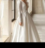 Classic V-Neck Long Sleeves Satin A Line Wedding Dress