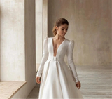 Classic V-Neck Long Sleeves Satin A Line Wedding Dress