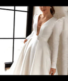 Classic V-Neck Long Sleeves Satin A Line Wedding Dress