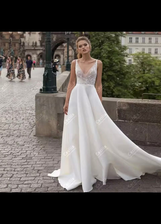 Charming V-Neck Sleeveless Satin A Line Wedding Dress