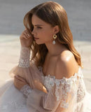 Exquisite Off The Shoulder Puff Sleeves A Line Wedding Dress