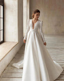 Classic V-Neck Long Sleeves Satin A Line Wedding Dress