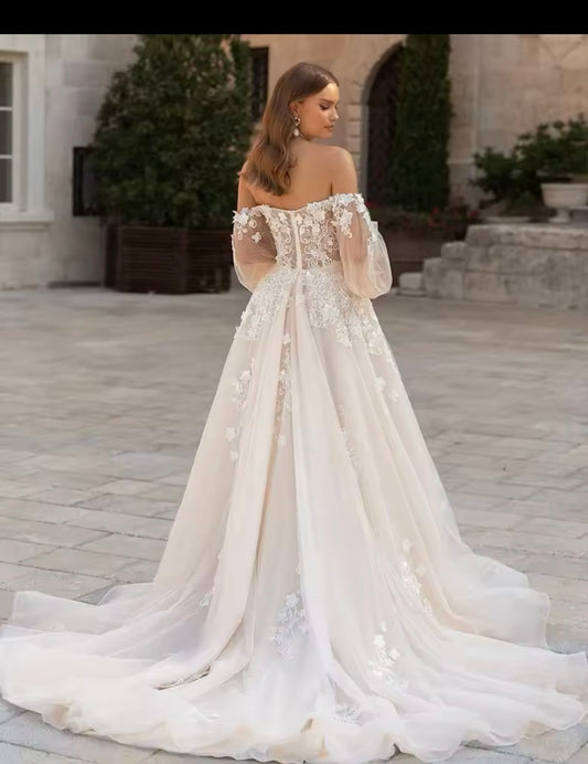 Exquisite Off The Shoulder Puff Sleeves A Line Wedding Dress