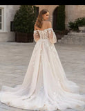 Exquisite Off The Shoulder Puff Sleeves A Line Wedding Dress