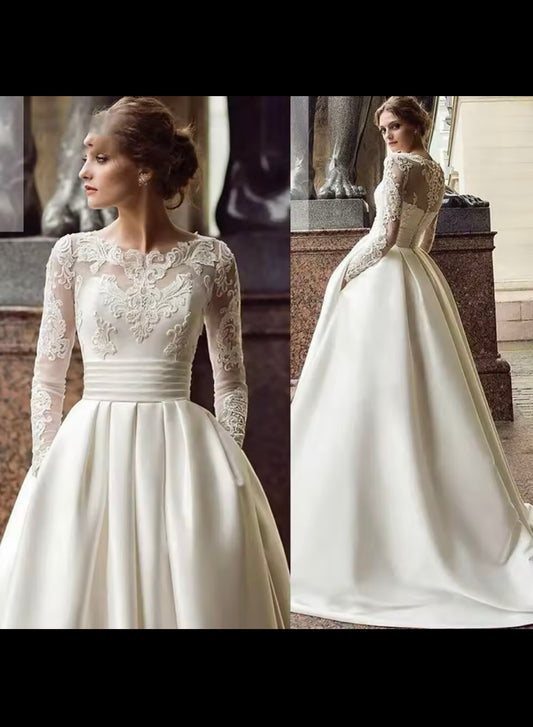 Elegant Satin With Pocket Long Sleeves A Line Wedding Dress