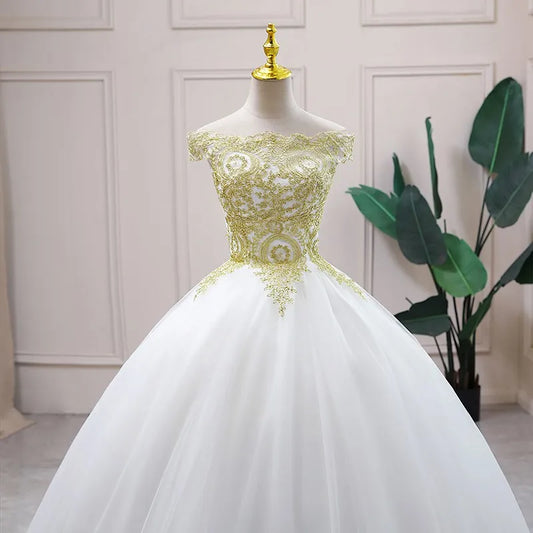 Champagne Lace Off-Shoulder Ball Gown