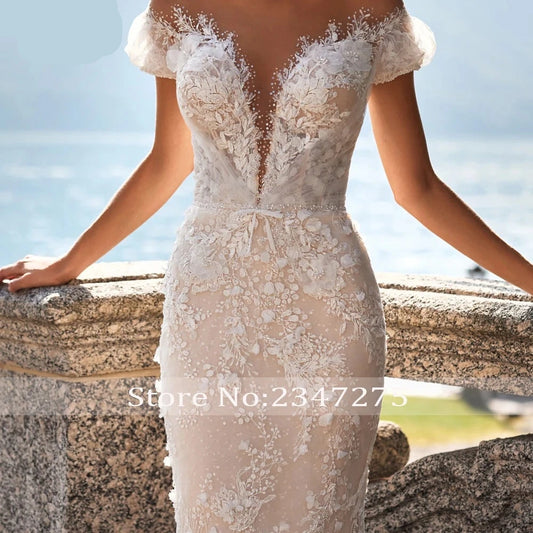 Appliques Lace V-Neck  Mermaid Wedding Dress with Sweep Train