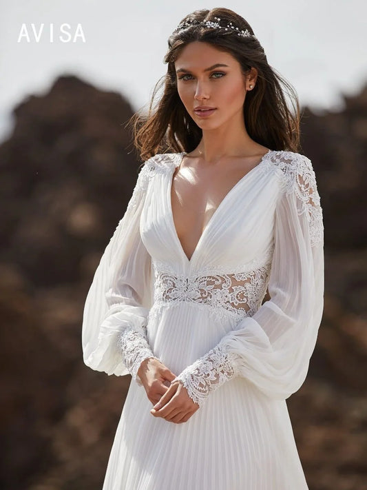 Boho Deep V-Neck Bridal Gown