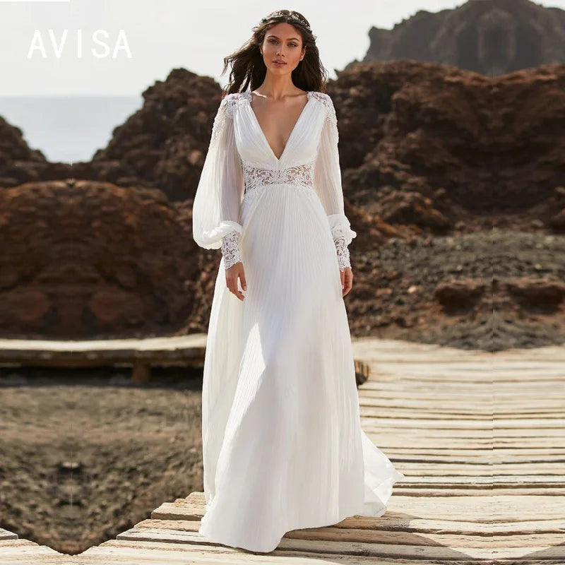 Boho Deep V-Neck Bridal Gown