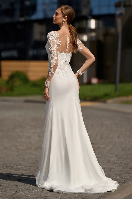 V-Exquisite Long Sleeve Neck Mermaid Wedding Dress