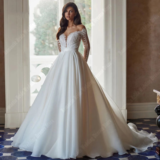 Elegant Satin V-Neck Backless Wedding Dress