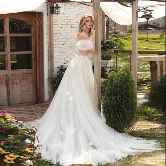 Elegant A-Line Wedding Dress with 3D Flowers