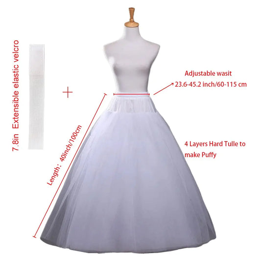 Adjustable 4 Layer Tulle Floor Length Hoopless Petticoat