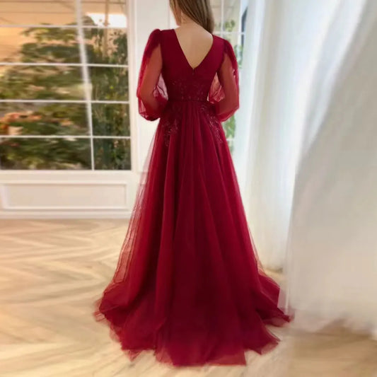 Burgundy Lace A-line Evening Gown