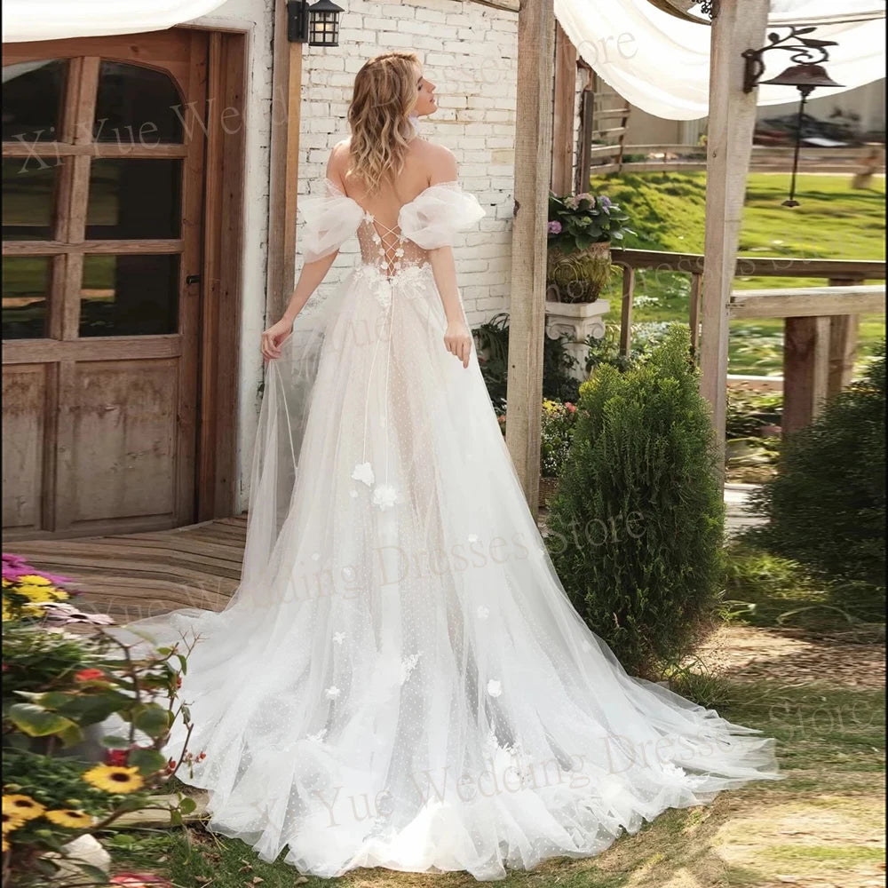 Elegant A-Line Wedding Dress with 3D Flowers