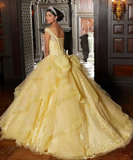 3D Floral Applique Bow Beading Ruffles Quinceanera  Dress