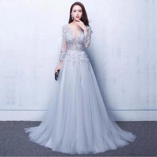 Gray Tulle Beaded Plus Size Evening Gown