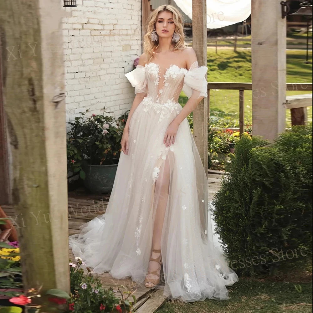 Elegant A-Line Wedding Dress with 3D Flowers