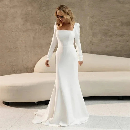 Long Sleeve Satin Mermaid Wedding Dress