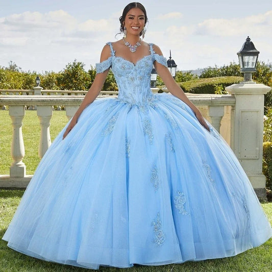 Blue Lace Quinceañera Ball Gown